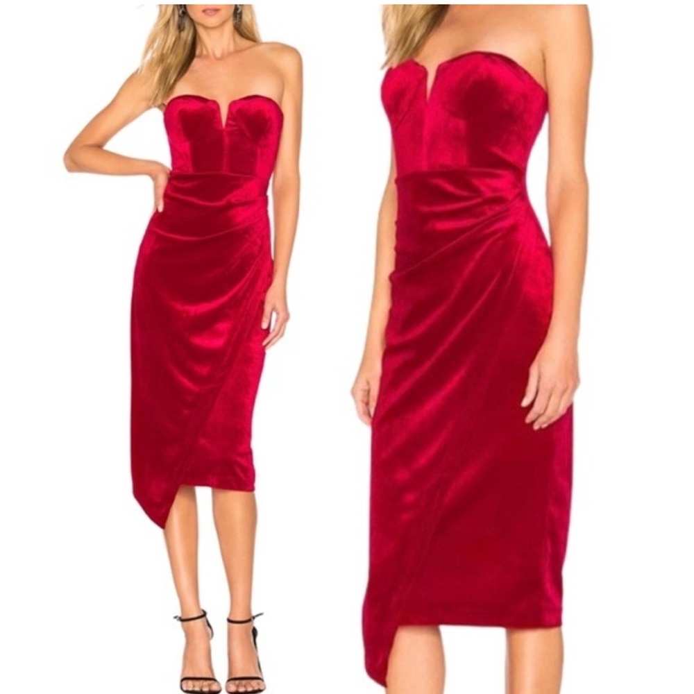 YUMI KIM red Velvet Allure strapless cocktail dress